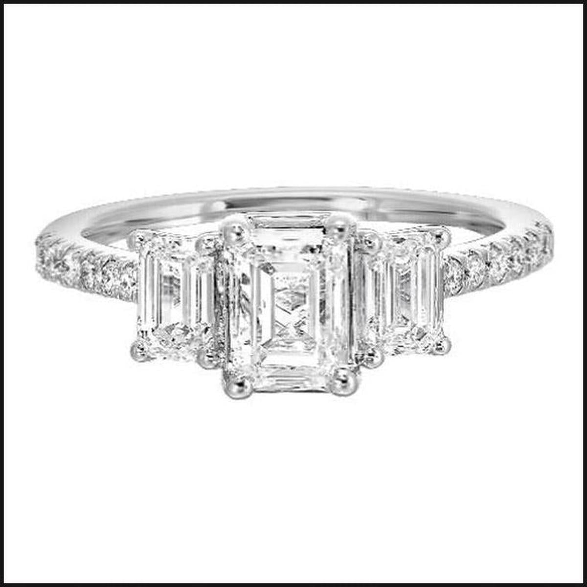 14K White Gold 3 Stone Lab Grown 2 Emarld Cut 1/4ct Diamonds With 1ct Emerald Center Diamond 1.80cttw-Ring-That Guy's Secret