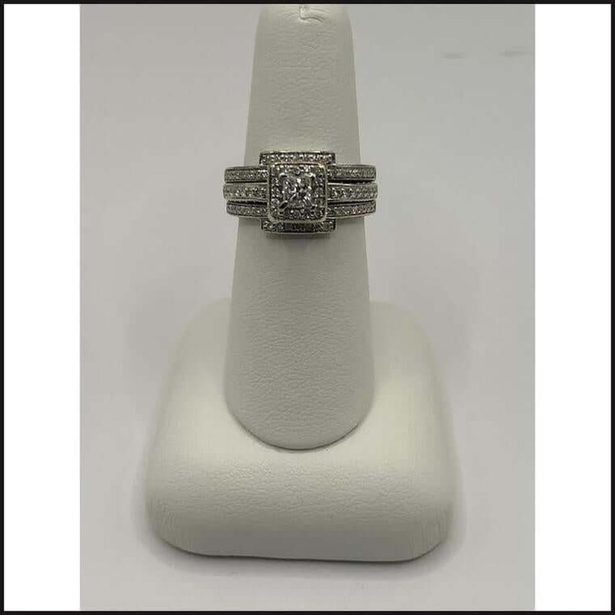 14kw PC center diamond w- round diamond halo accent & 2 matching diamond bridal bands soldered set-Ring-That Guy's Secret