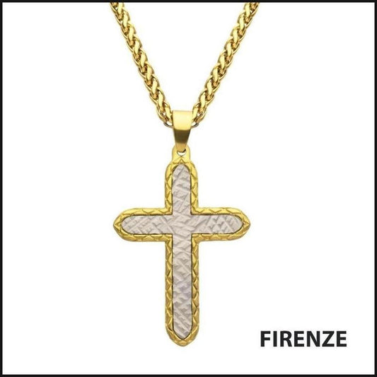 18Kt Gold IP Stainless Steel Chiseled Bold Cross Firenze Pendant with Wheat Chain-Necklace-That Guy's Secret