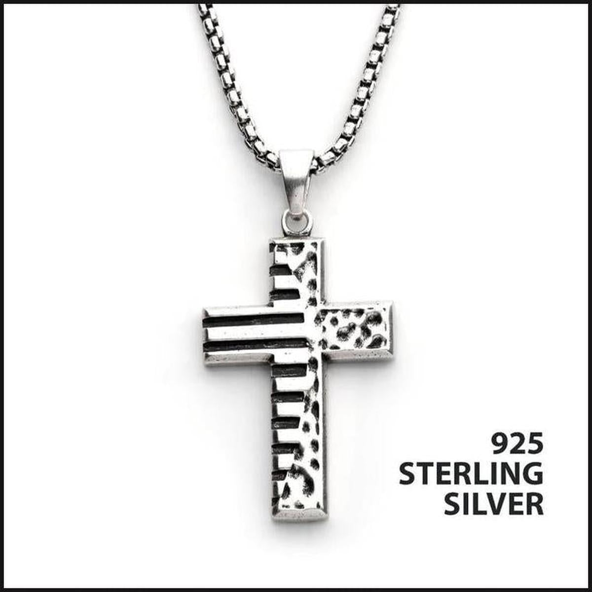 925 Silver Oxidized Coin Stamped Cross Pendant with Box Chain-Necklace-That Guy's Secret