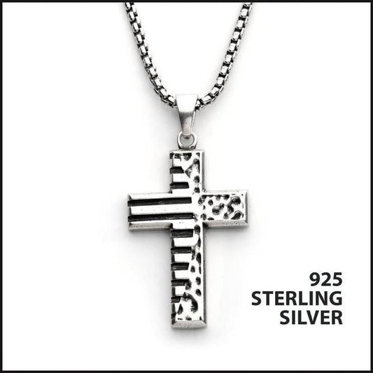 925 Silver Oxidized Coin Stamped Cross Pendant with Box Chain-Necklace-That Guy's Secret