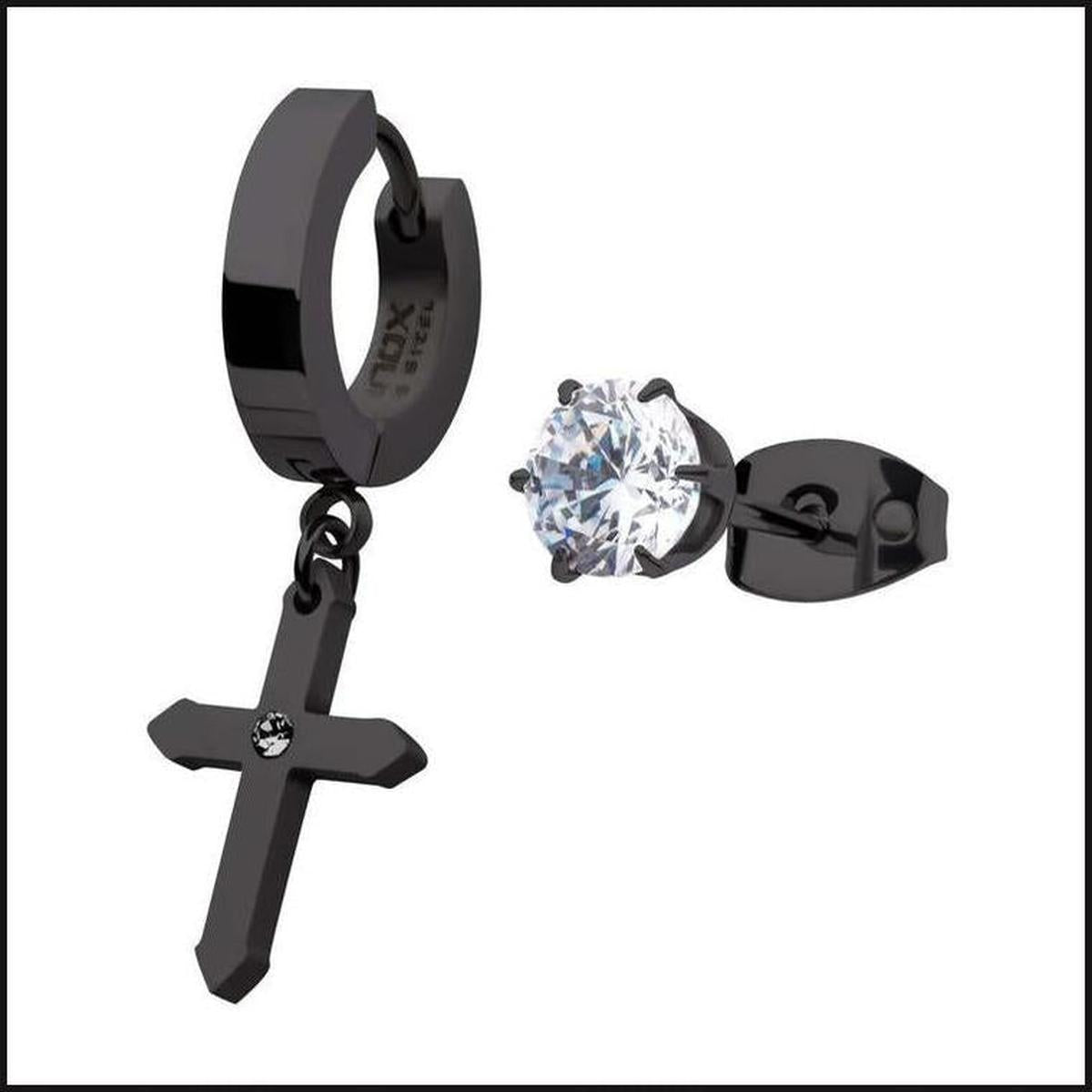 Black Huggie Cross /Studs Cubic Zurconia Mix and Match Duo-bracelet-That Guy's Secret