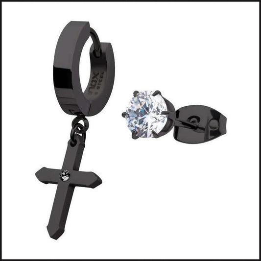 Black Huggie Cross /Studs Cubic Zurconia Mix and Match Duo-bracelet-That Guy's Secret