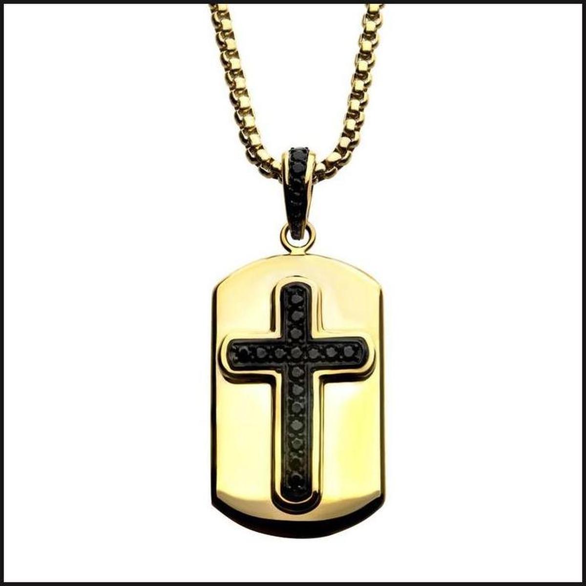 Black IP Cross with Black CZ Inlay & Gold IP Dog Tag Pendant-Necklace-That Guy's Secret