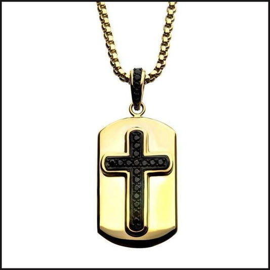 Black IP Cross with Black CZ Inlay & Gold IP Dog Tag Pendant-Necklace-That Guy's Secret
