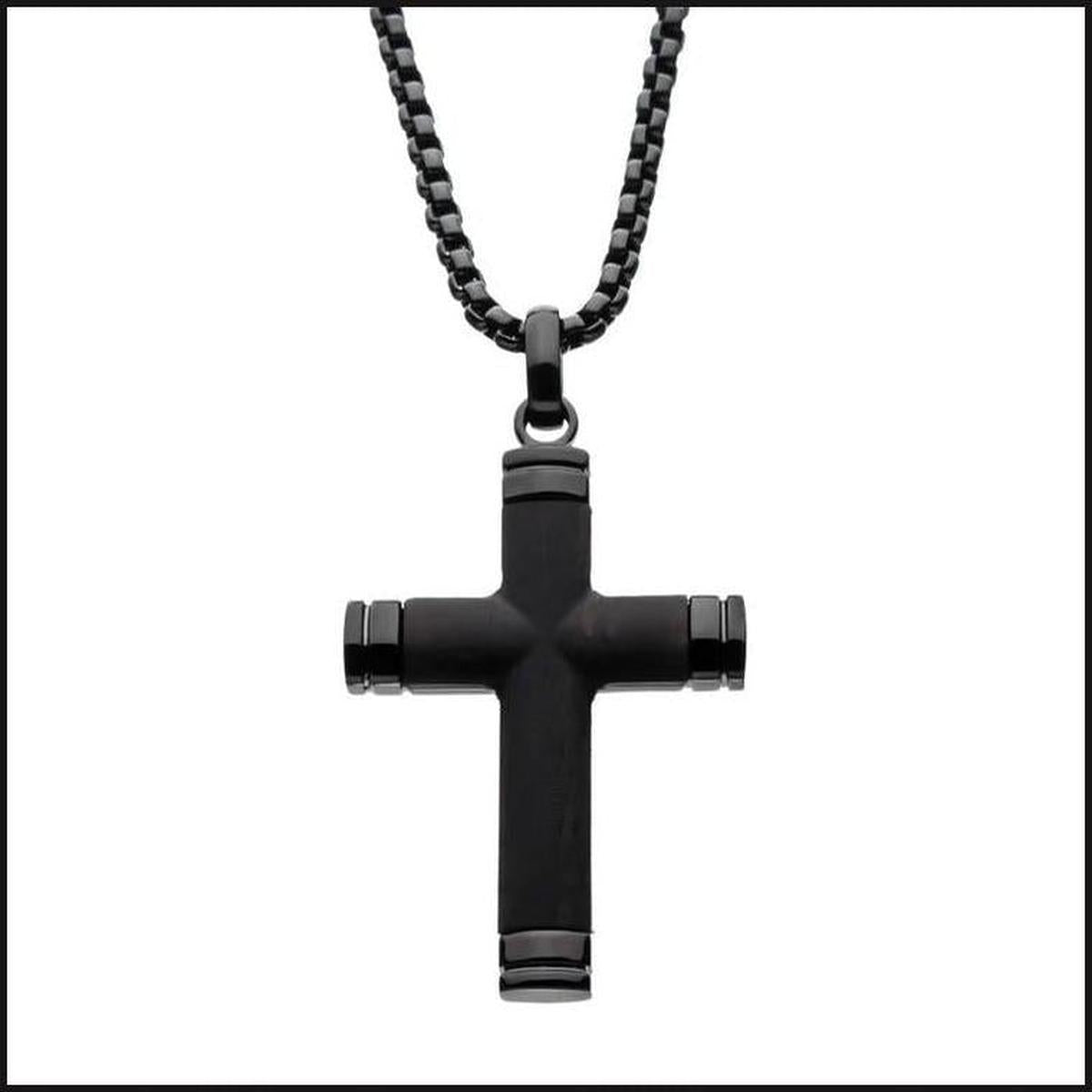 Black IP Genuine Ebony Wood Inlayed Cross Pendant-Necklace-That Guy's Secret