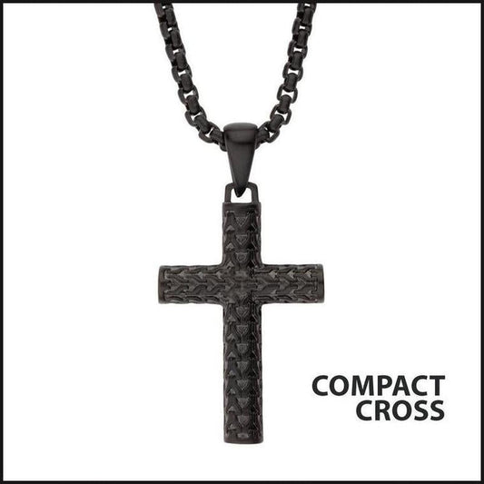 Black IP Matte Finish Steel Scale Cross Drop Pendant-Necklace-That Guy's Secret