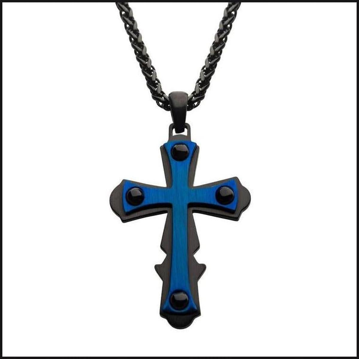 Blue IP with Black Cross Pendant, with Black IP Wheat Chain-Necklace-That Guy's Secret