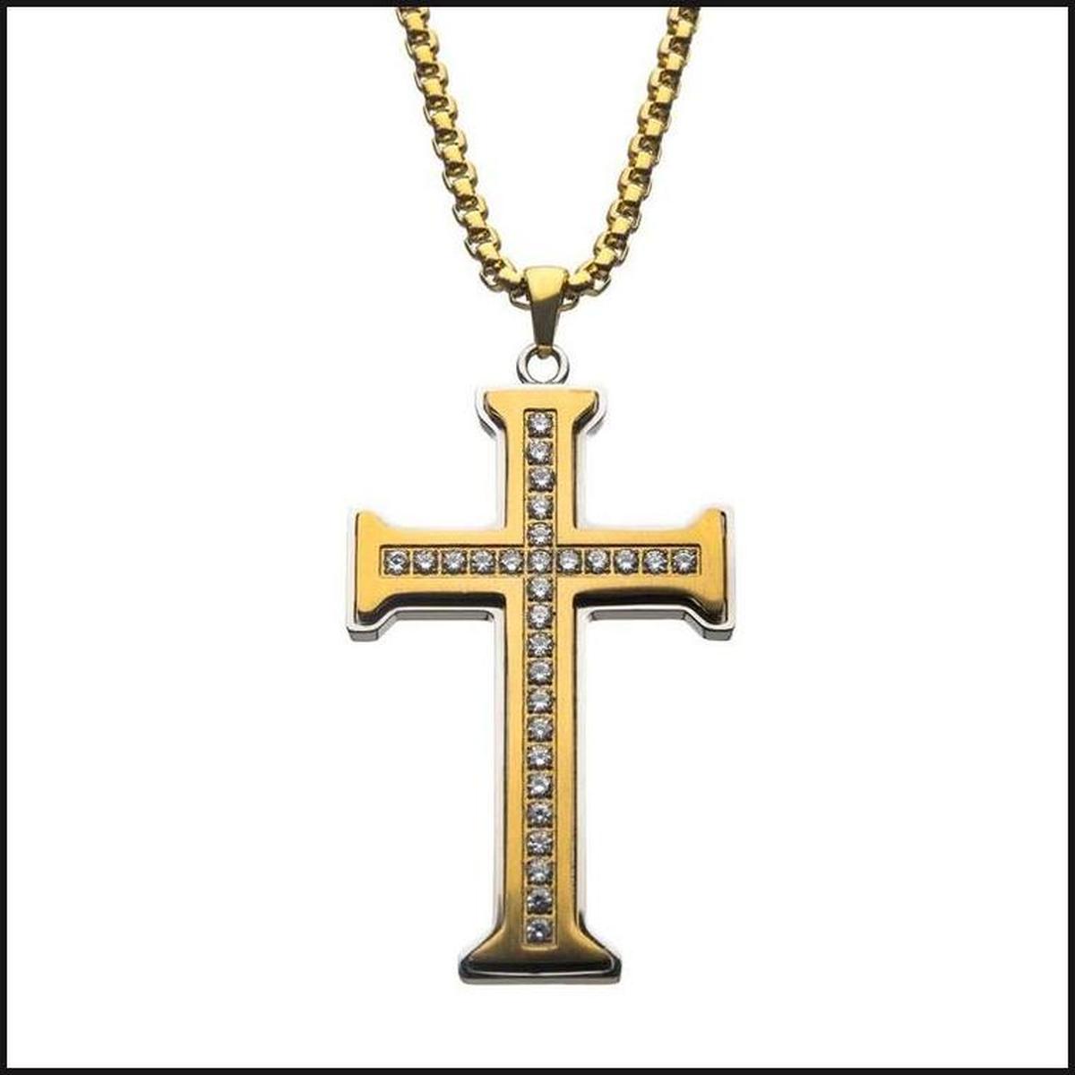 Clear CZ Gold IP Cross Pendant in a Steel Frame with Chain-Necklace-That Guy's Secret