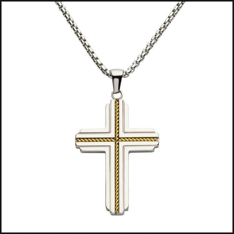 Gold IP Stainless Steel Rope Inlay Two-tone Cross Pendant with Chain-Necklace-That Guy's Secret