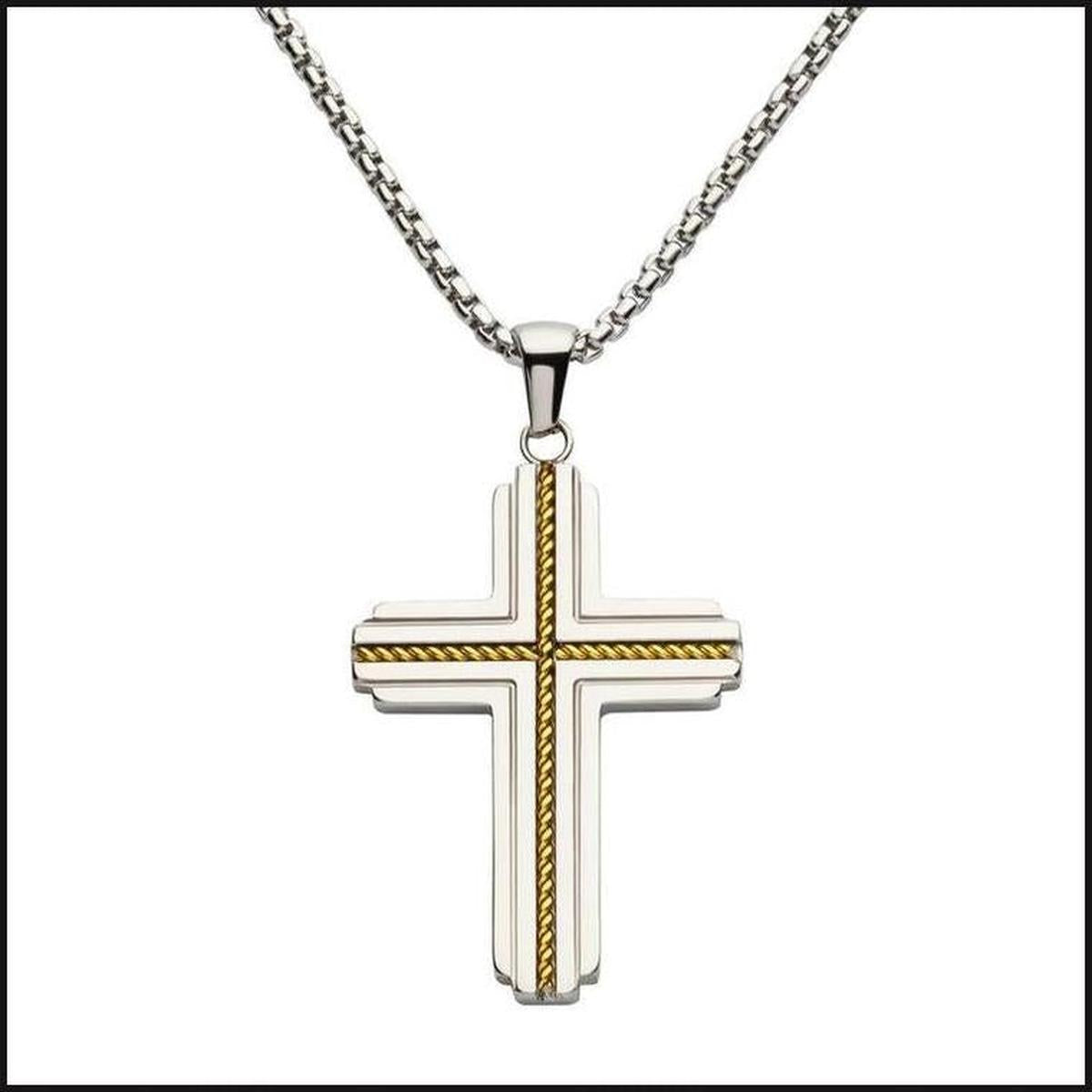 Gold IP Stainless Steel Rope Inlay Two-tone Cross Pendant with Chain-Necklace-That Guy's Secret