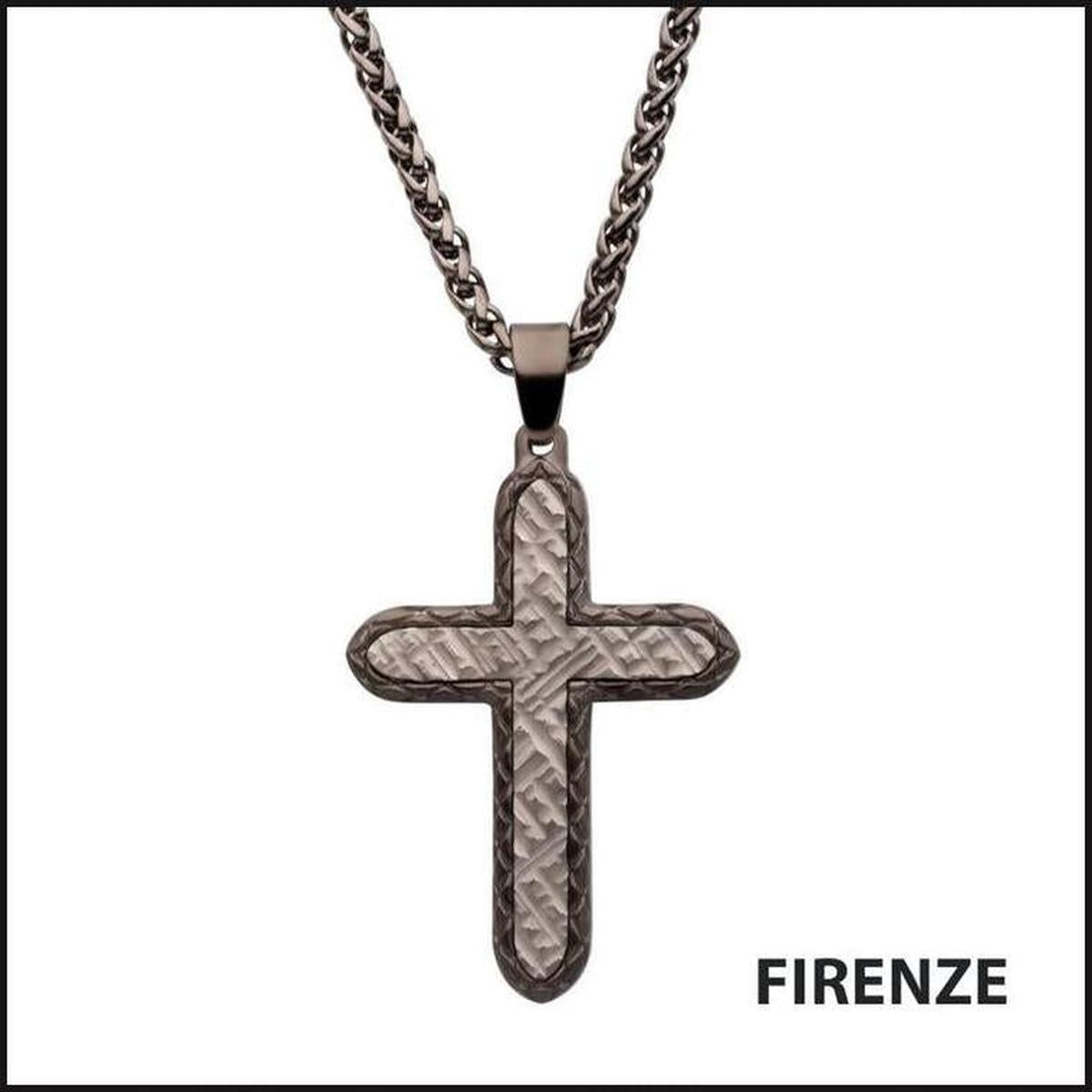 Gun Metal IP Stainless Steel Chiseled Bold Cross Firenze Pendant with Wheat Chain-Necklace-That Guy's Secret
