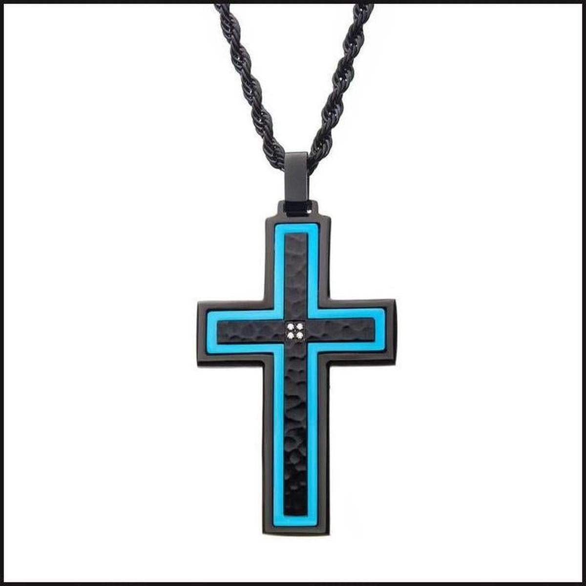 Hammered Blue Line Cross with CZ Stainless Steel Pendant-Necklace-That Guy's Secret