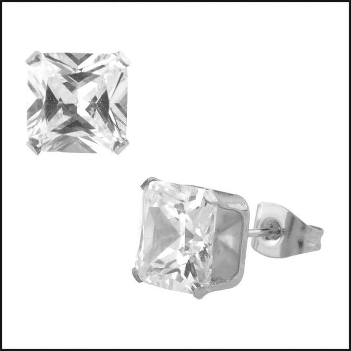 Inox Studs Cubic Zurconia Clear Earrings Square 8 MM-bracelet-That Guy's Secret