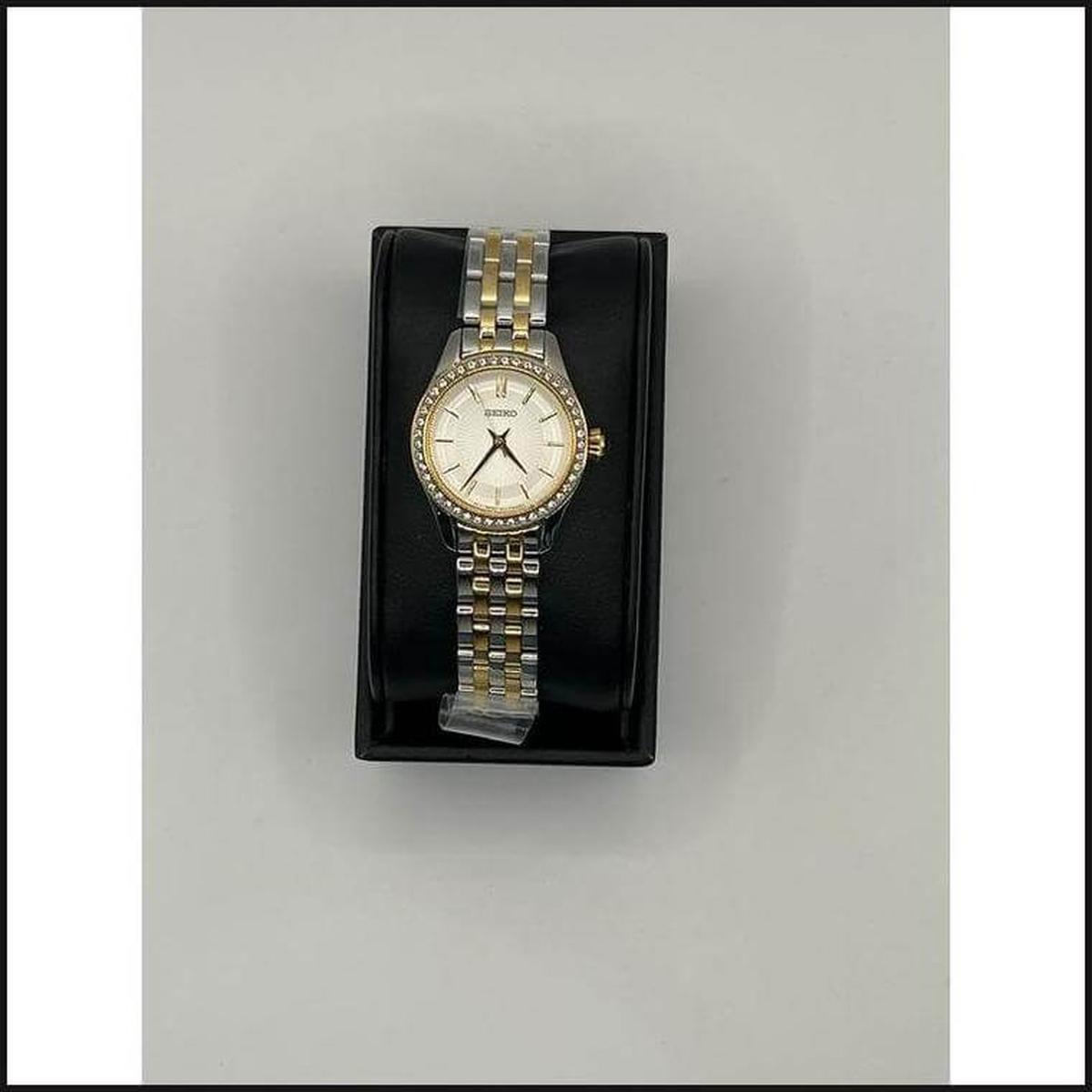 Ladies 2 tone with white & gold dial crystal bezel watch-Watch-That Guy's Secret