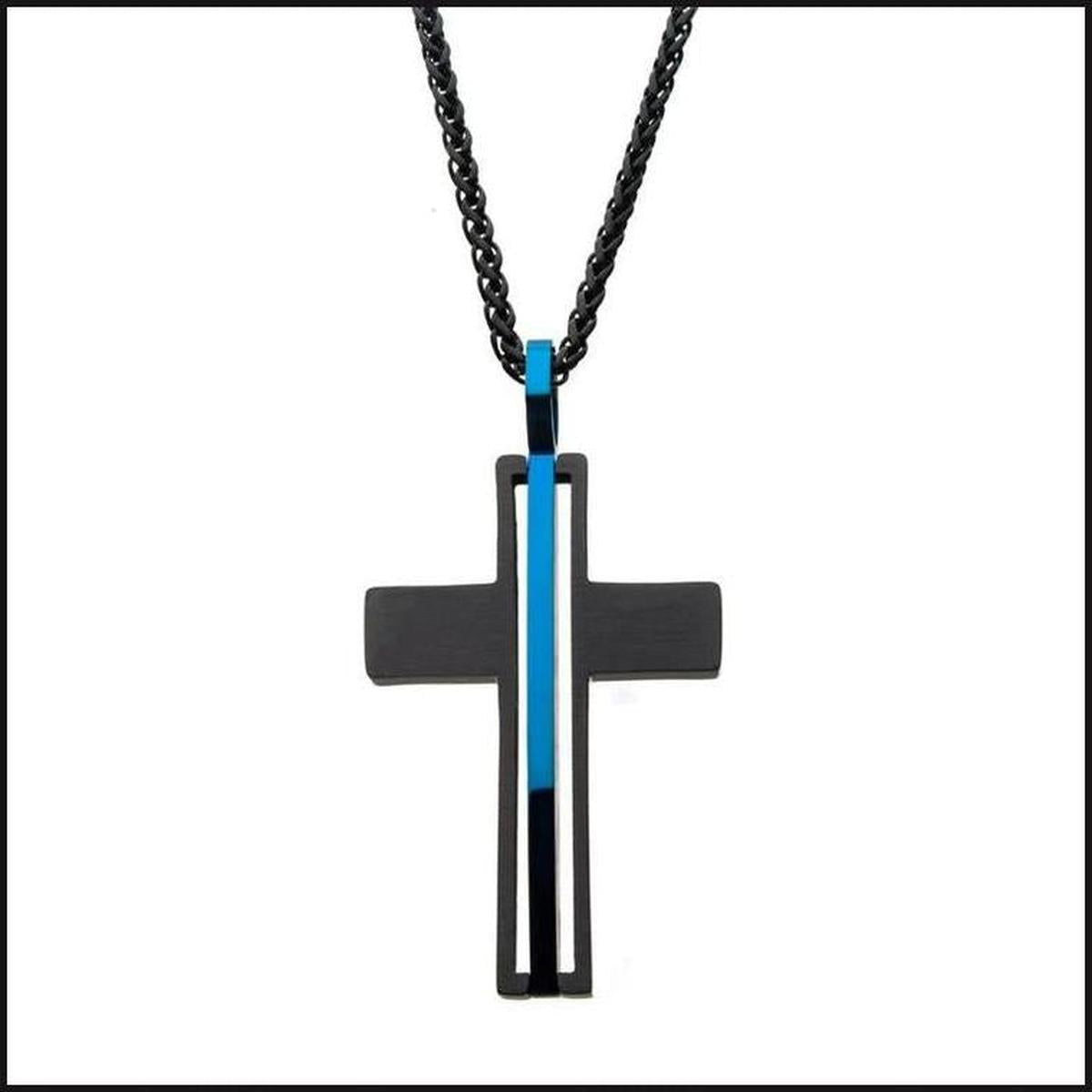 Matte Black IP with Thin Blue Line Pendant with Chain-Necklace-That Guy's Secret