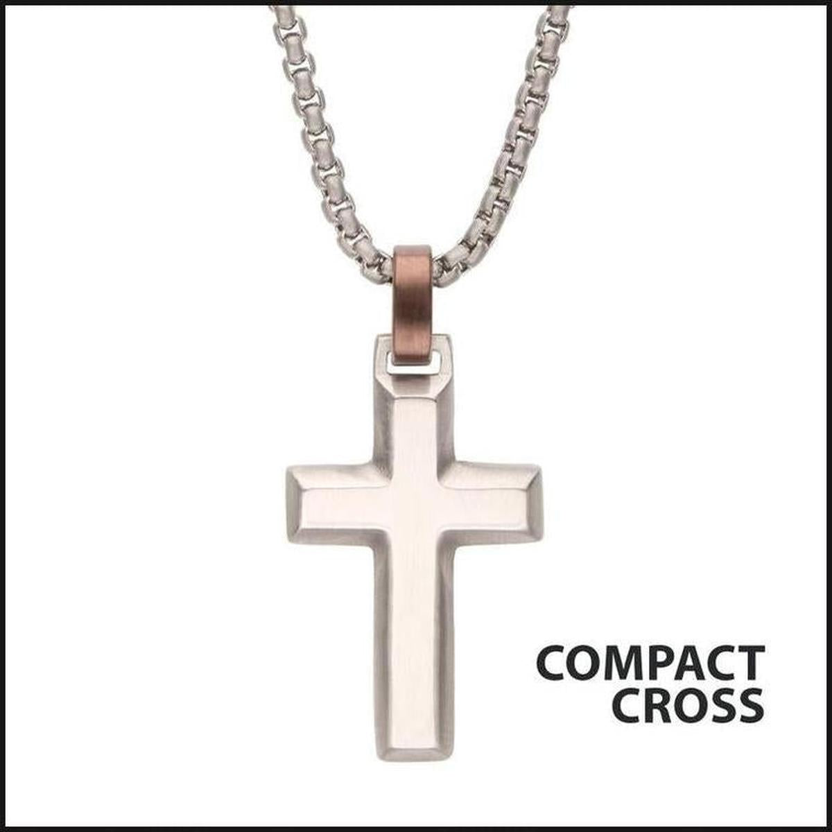Matte Finish Steel Beveled Cross Pendant with Brown Bail-Necklace-That Guy's Secret