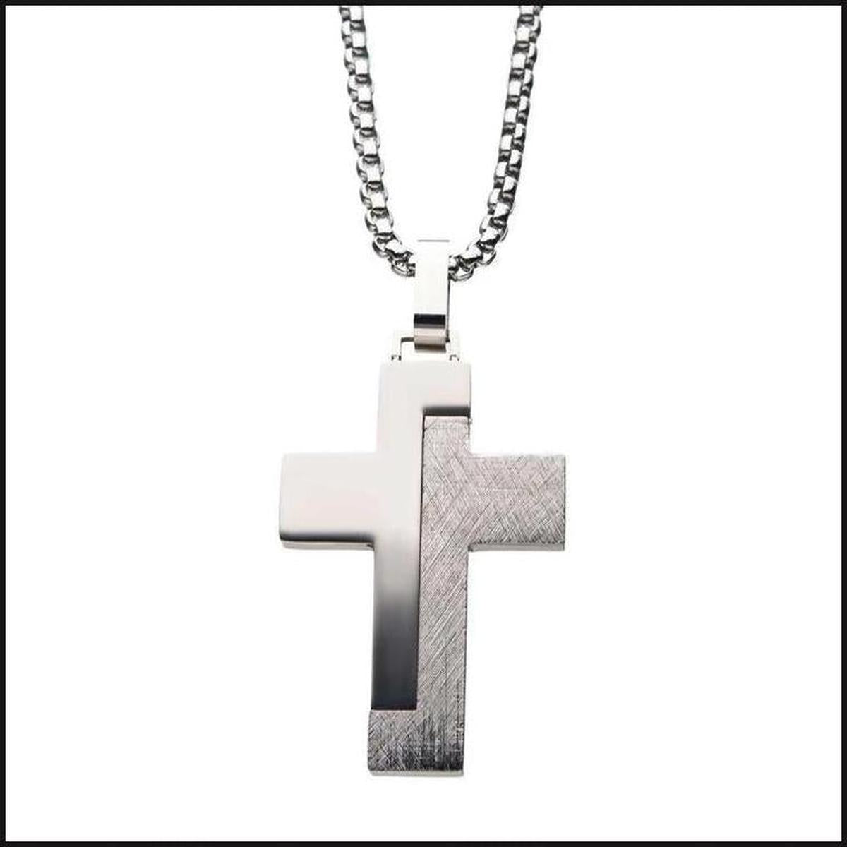 Modern Block-Textured Stainless Steel Cross Pendant-Necklace-That Guy's Secret