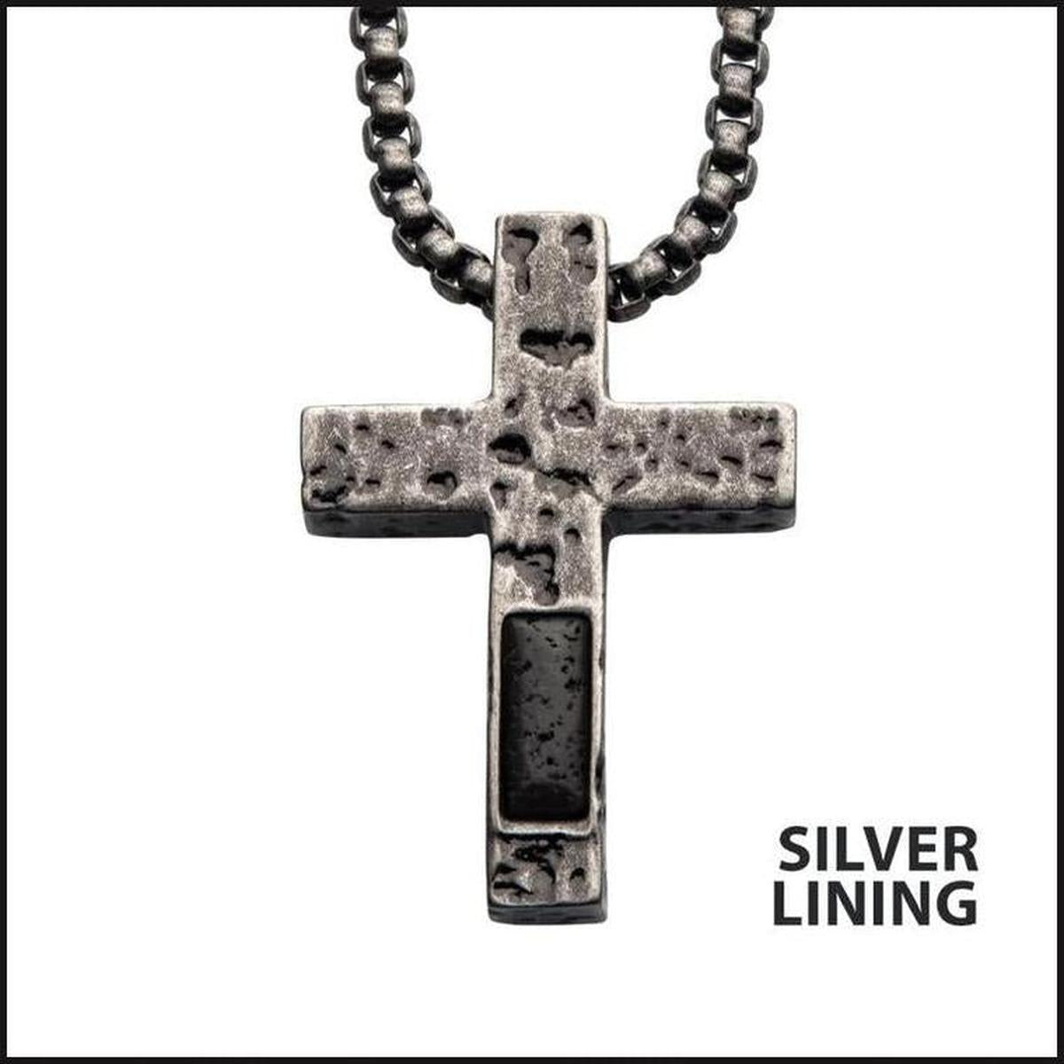 Stainless Steel Silver IP Cross Pendant with Lava Stone Pendant-Necklace-That Guy's Secret