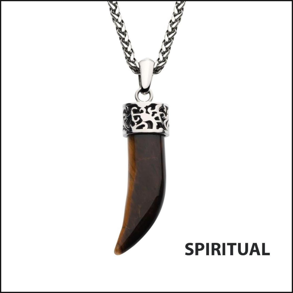 Stainless Steel with Tiger Eye Stone Horn Pendant, with Steel Wheat Chain-Necklace-That Guy's Secret