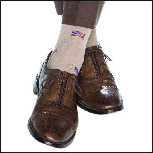Tan with Red, White, and Clematis Blue American Flags Cotton Sock Linked Toe Mid-Calf-Socks-That Guy's Secret