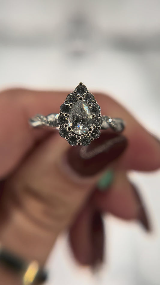 14K White Gold Lab Grown .40ct Pear Center Twist Ring with Round Halo