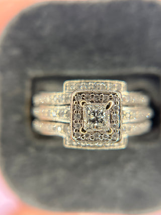 14K White Gold PC Center Diamond with Halo and Double Bands