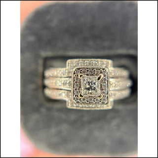 14K White Gold PC Center Diamond with Halo and Double Bands-Ring-That Guy's Secret