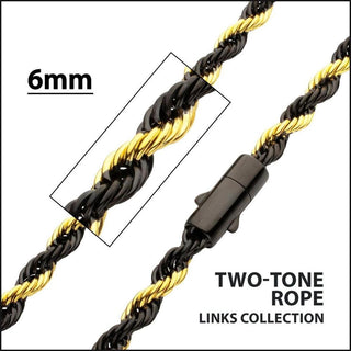6mm 18Kt Gold IP Black IP Steel Rope Chain Necklace