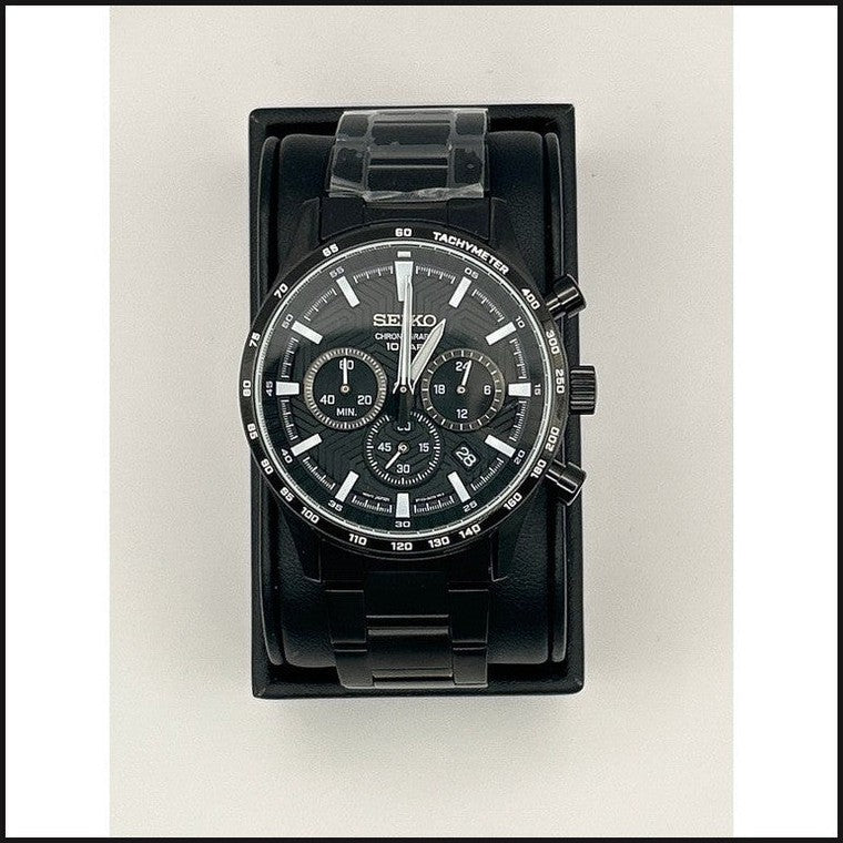 Mens chronograph 24 hr subdial black metallic dial ring