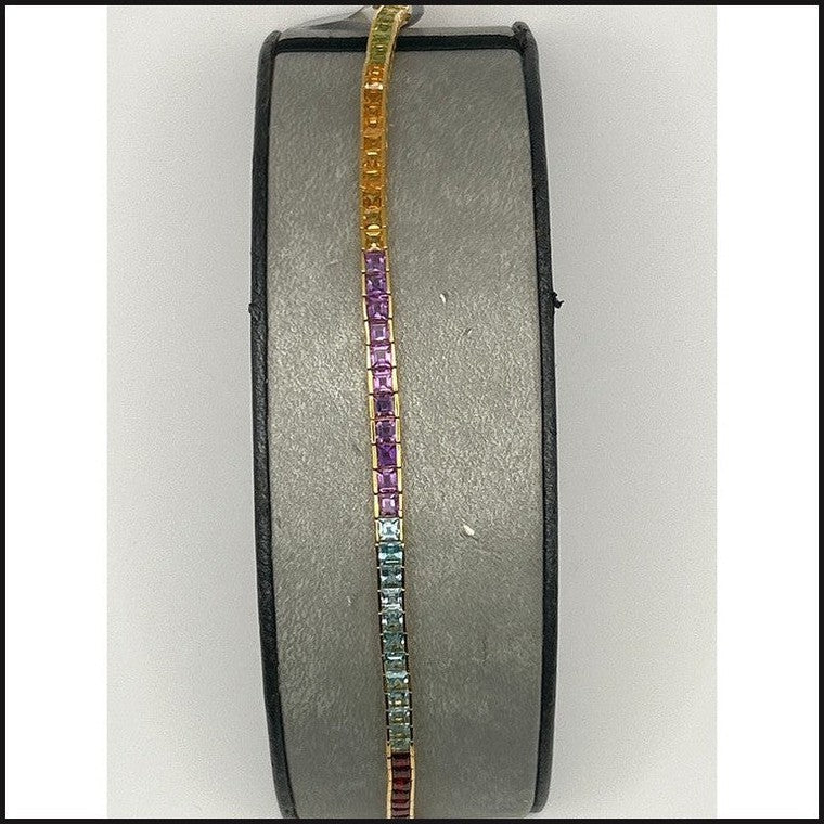 14ky square cut multi-color gemstone tennis bracelet 9.4g