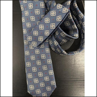 Blue with Cream Medallions and Red Dots tie and pocket square set