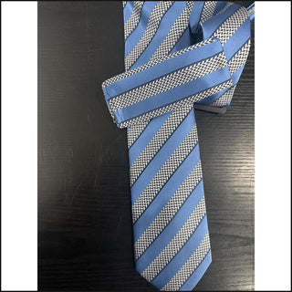 Blue with Navy and White Herringbone Stripes tie and pocket square set