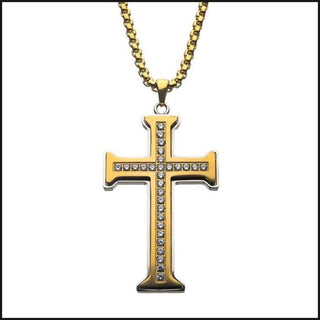 Clear CZ Gold IP Cross Pendant in a Steel Frame with Chain-Necklace-That Guy's Secret