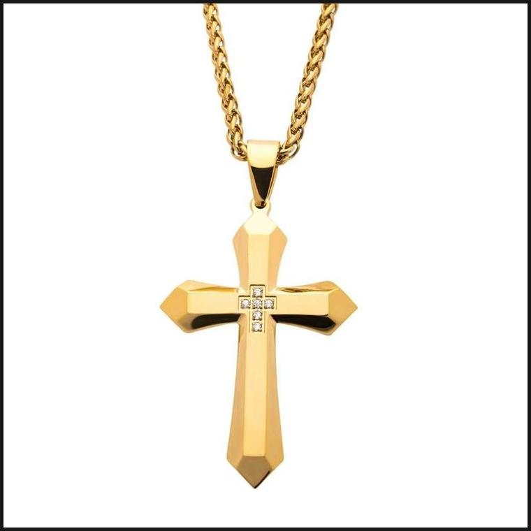 Gold IP Cross with 6pcs CNC Prong Set Clear AAA CZ Pendant, with Gold IP Wheat Chain-Necklace-That Guy's Secret