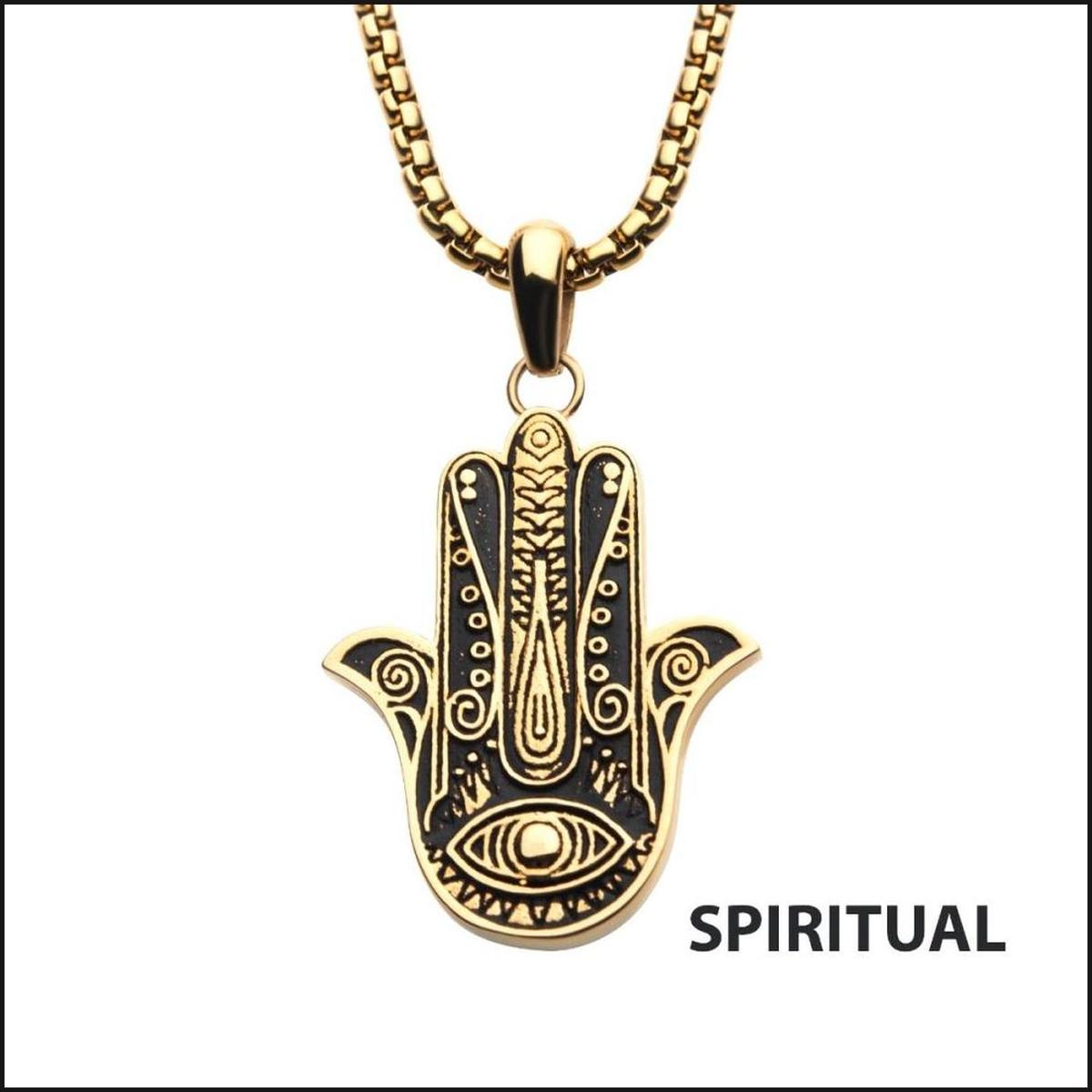 Gold IP with Hamsa Pendant, with Gold IP Bold Box Chain-Necklace-That Guy's Secret