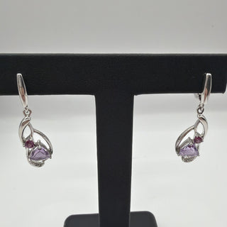 Sterling silver trillion amethyst drop earrings with pink accent stones