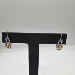 Sterling silver oval golden citrine teardrop earrings with green accent stones