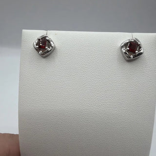 Sterling silver garnet stud earrings, square-cut garnet in twisted open frame