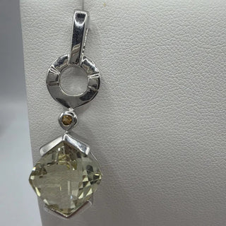 Sterling silver lemon quartz pendant with citrine accent and open circle bail