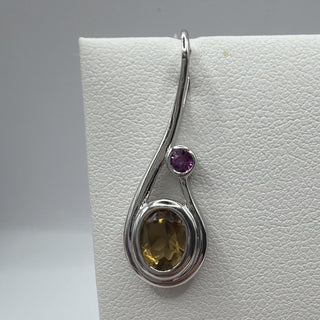 Sterling silver chocolate quartz teardrop pendant with pink accent stone
