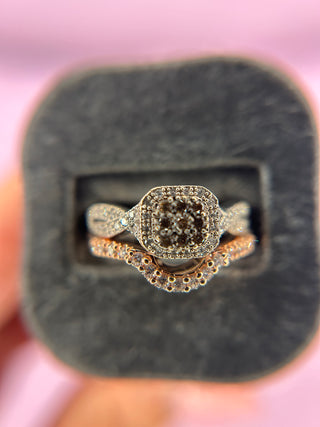 14K White Gold Chocolate Diamond Cluster Ring with 14K Rose Gold Band