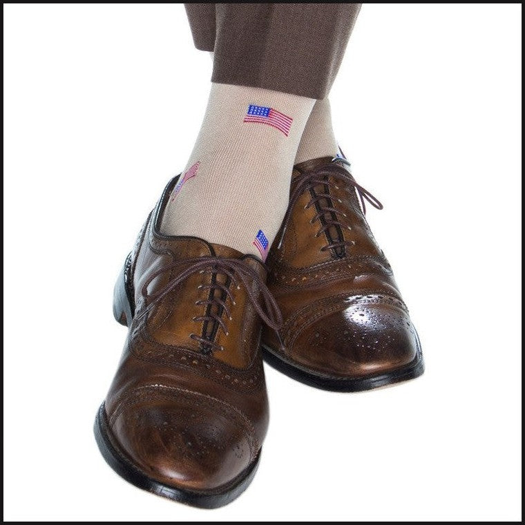 Tan with Red, White, and Clematis Blue American Flags Cotton Sock Linked Toe Mid-Calf