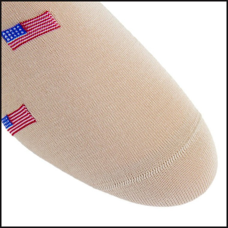 Tan with Red, White, and Clematis Blue American Flags Cotton Sock Linked Toe Mid-Calf