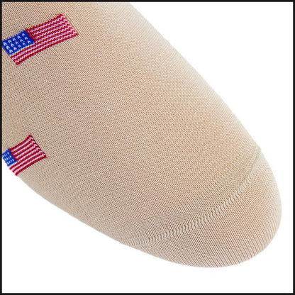 Tan with Red, White, and Clematis Blue American Flags Cotton Sock Linked Toe Mid-Calf