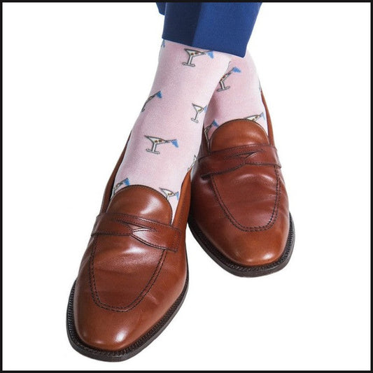 Pink with Steel Gray, Cream, Azure Blue, Coral, Forest Green 19th Hole Martini Glass Cotton Sock Linked Toe Mid-Calf