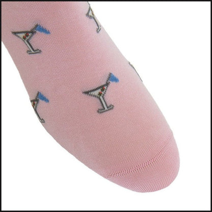 Pink with Steel Gray, Cream, Azure Blue, Coral, Forest Green 19th Hole Martini Glass Cotton Sock Linked Toe Mid-Calf