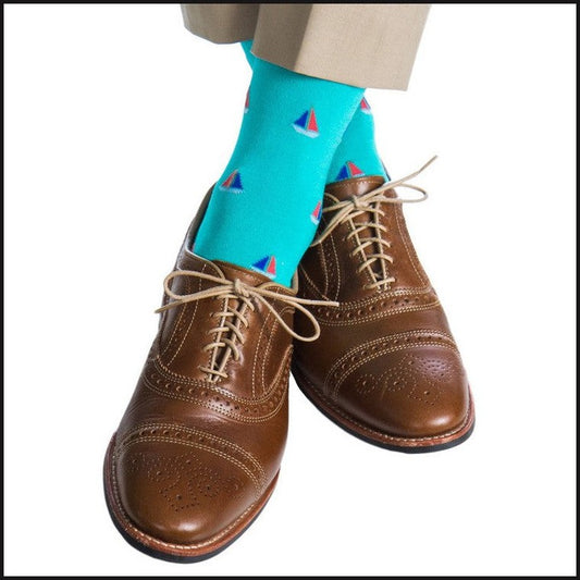 Ceramic w/ Sky Blue/Coral and Taupe Sailboat Cotton Sock Linked Toe Mid-Calf