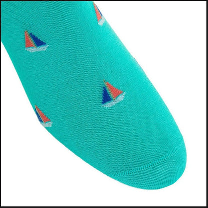 Ceramic w/ Sky Blue/Coral and Taupe Sailboat Cotton Sock Linked Toe Mid-Calf