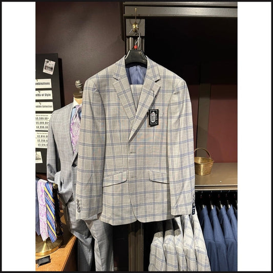 Slim Fit 2-Button Suit (Grey Plaid) - That Guy's Secret